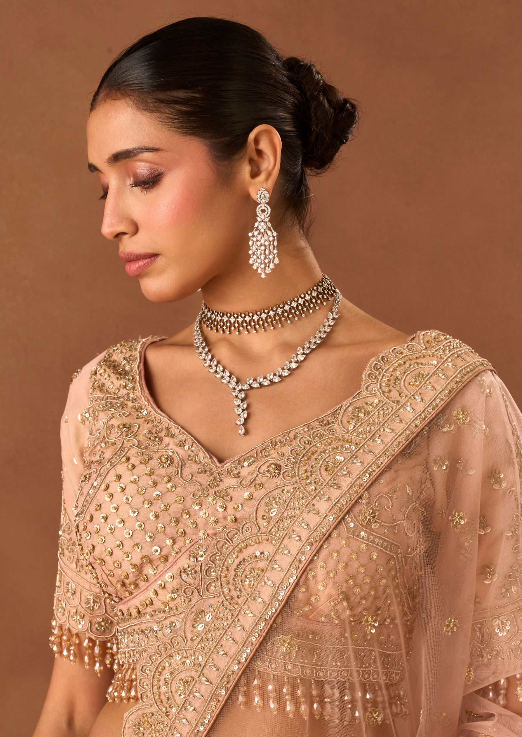 Twamev Women Light Pink Tissue Lehenga with Embroidery