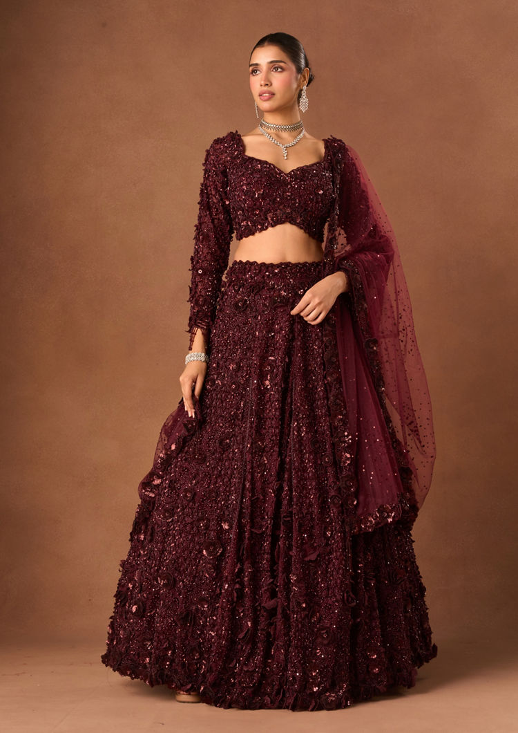 Twamev Women Wine Net Lehenga with Shimmer and Bead Work