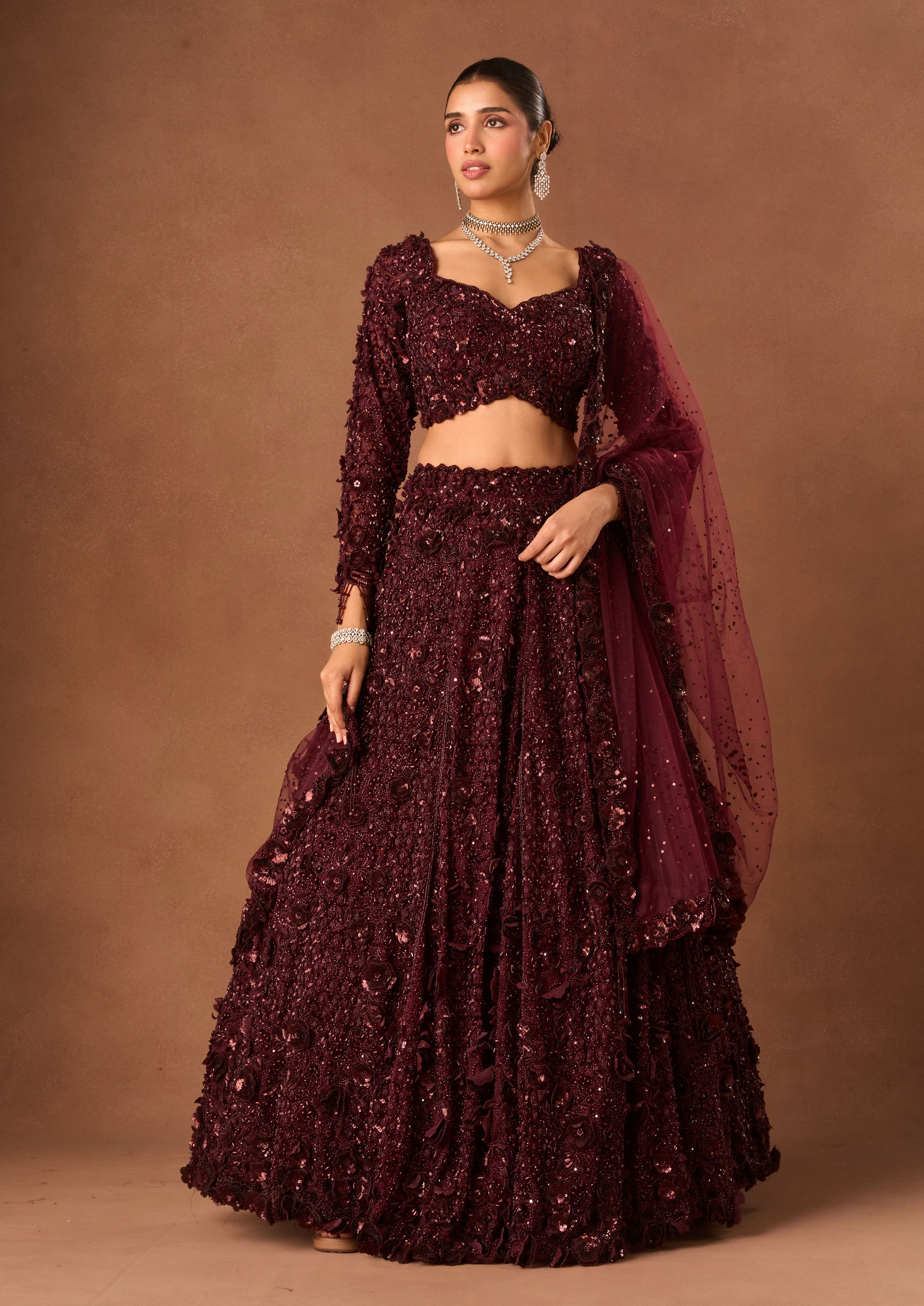 Twamev Women Wine Net Lehenga with Shimmer and Bead Work