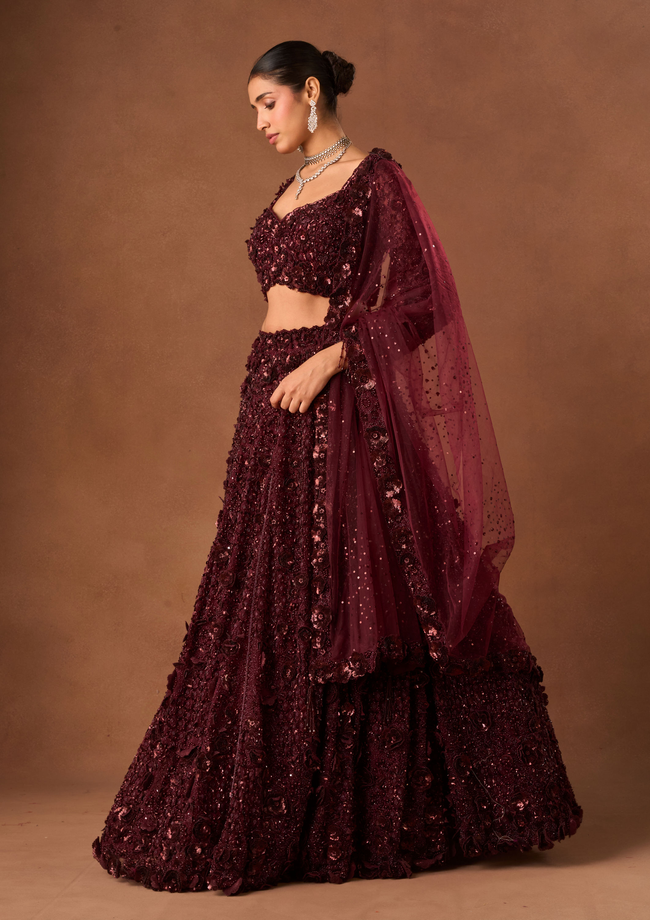 Twamev Women Wine Net Lehenga with Shimmer and Bead Work