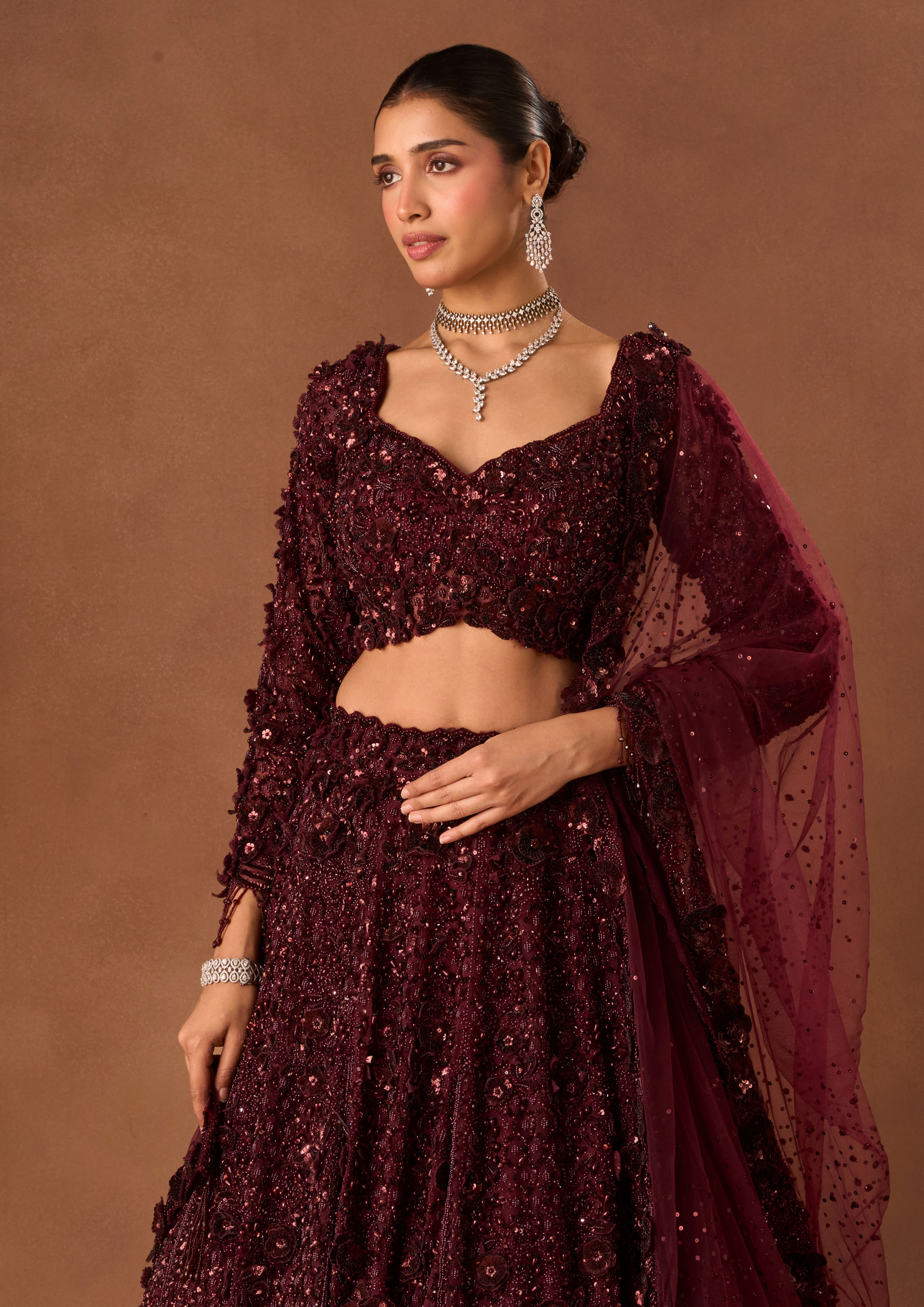 Twamev Women Wine Net Lehenga with Shimmer and Bead Work