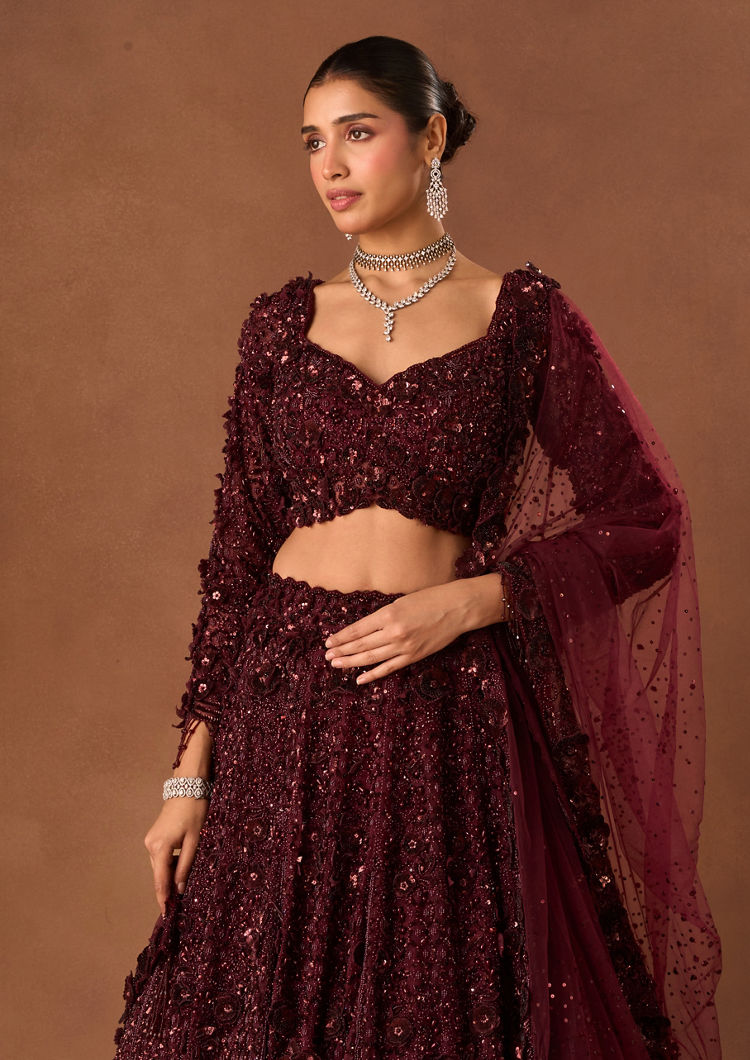 Twamev Women Wine Net Lehenga with Shimmer and Bead Work