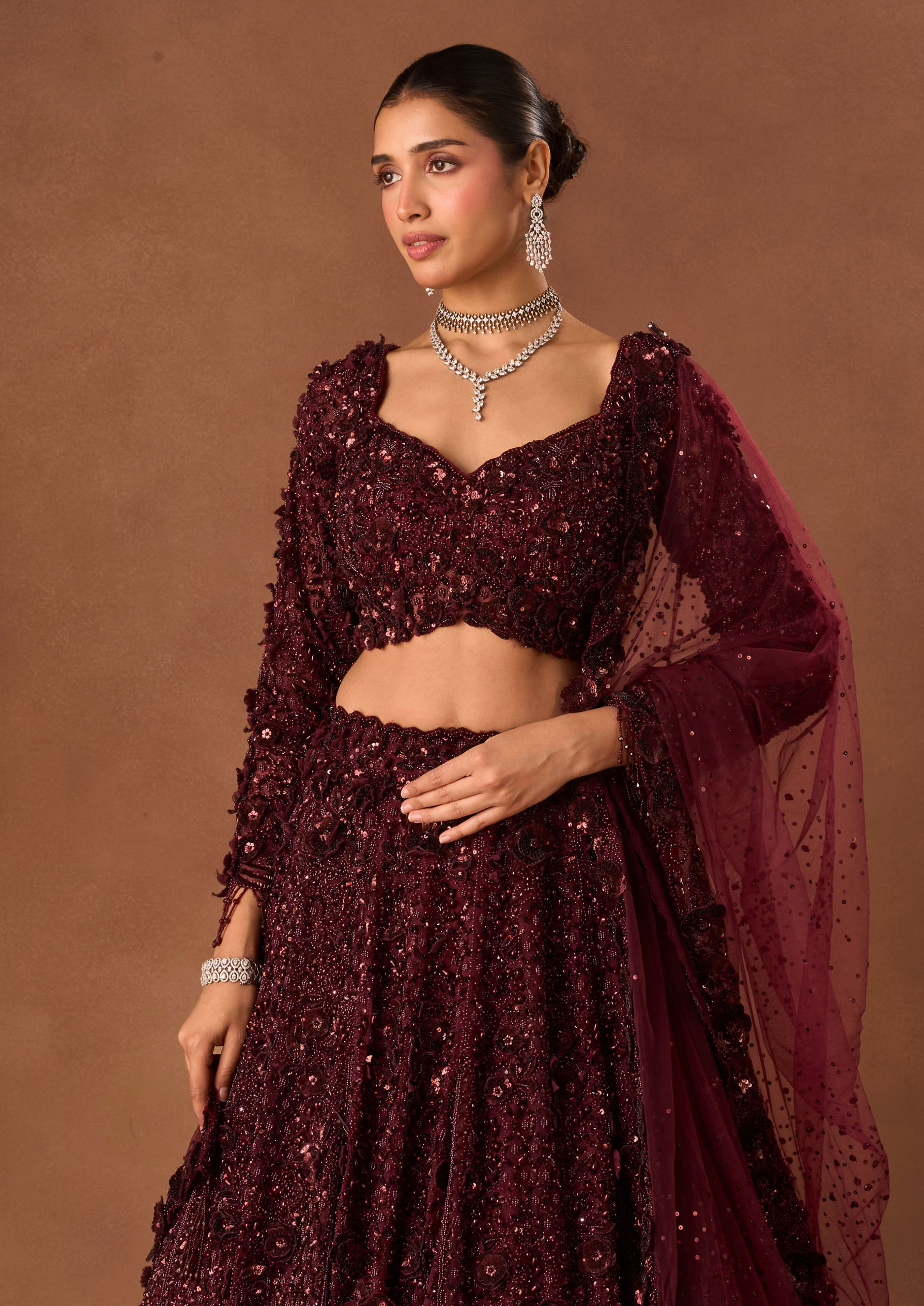 Twamev Women Wine Net Lehenga with Shimmer and Bead Work