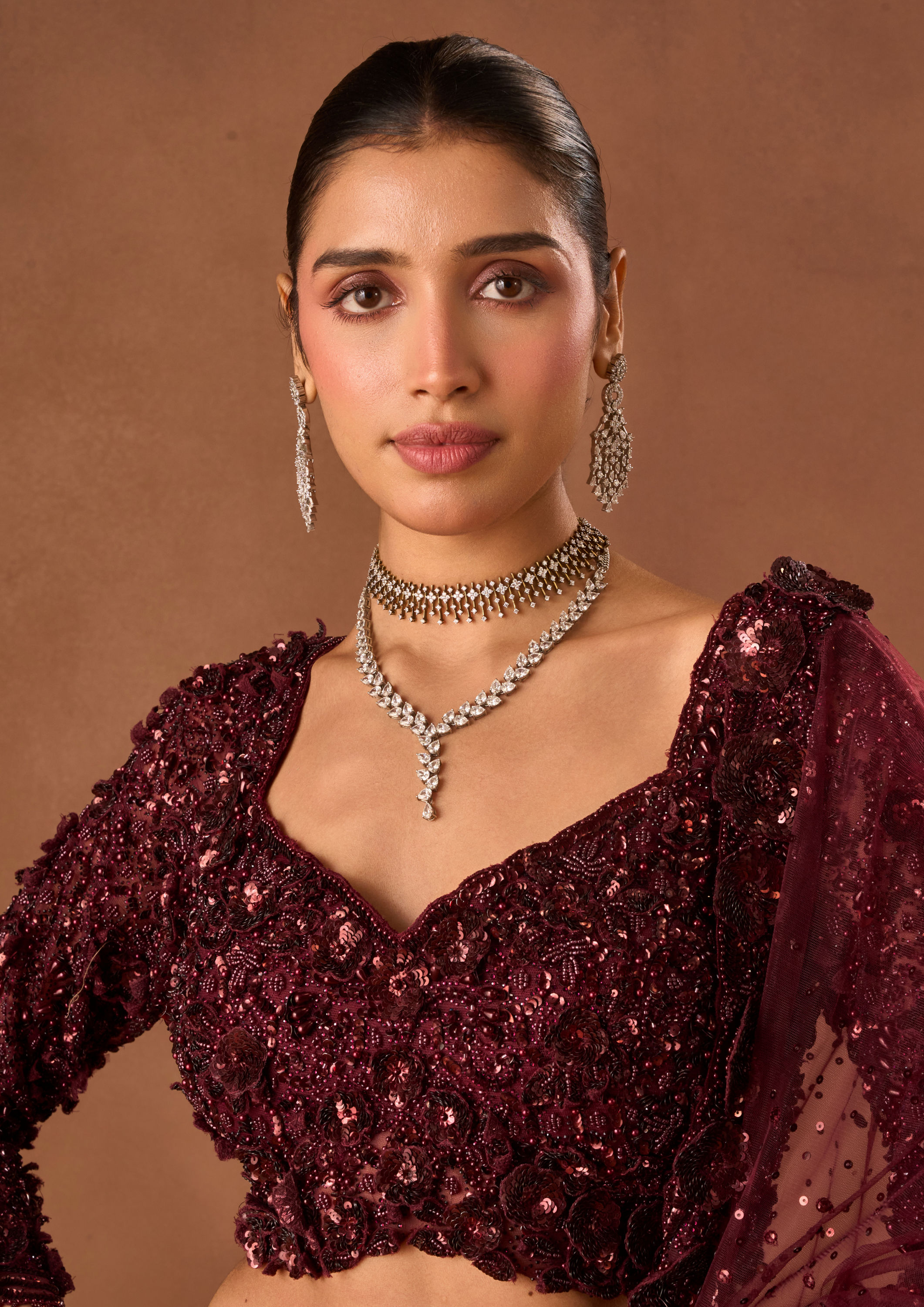 Twamev Women Wine Net Lehenga with Shimmer and Bead Work