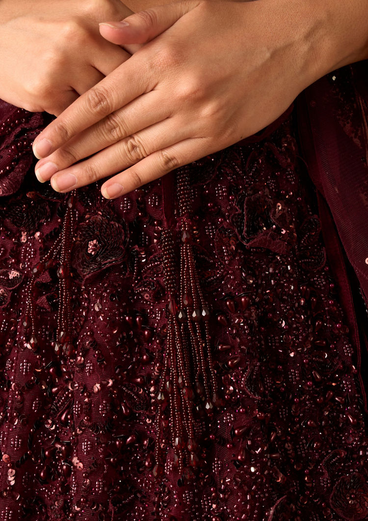 Twamev Women Wine Net Lehenga with Shimmer and Bead Work