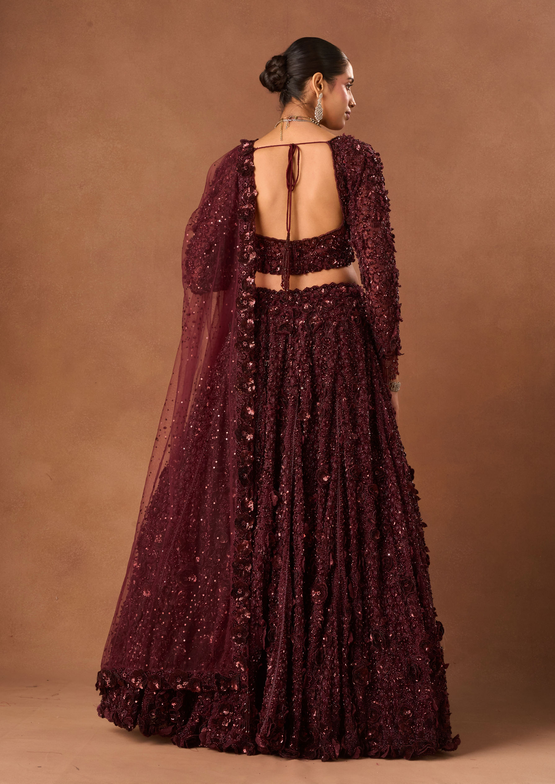 Twamev Women Wine Net Lehenga with Shimmer and Bead Work