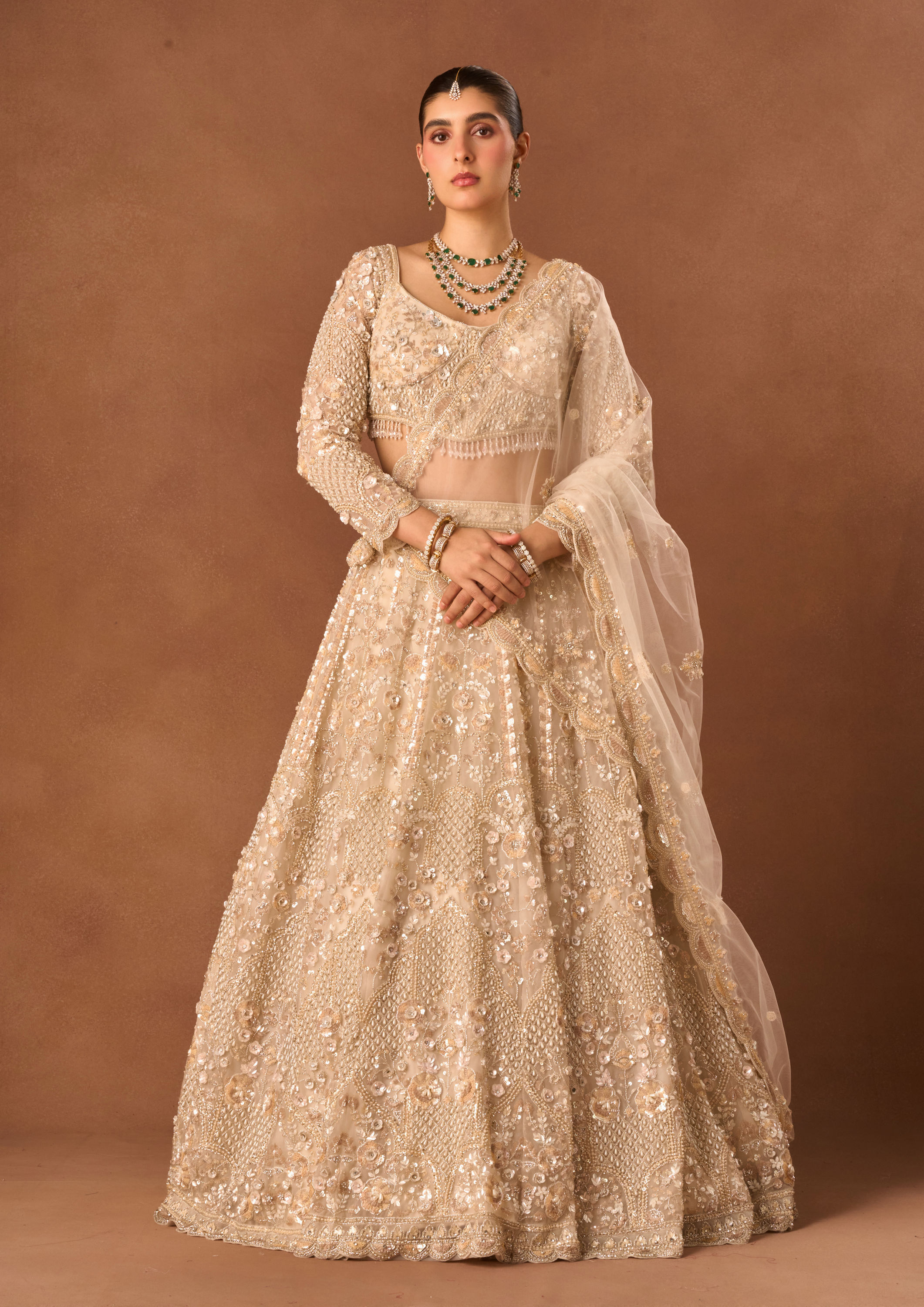 Twamev Women Cream Net Lehenga with Embroidery and Beads
