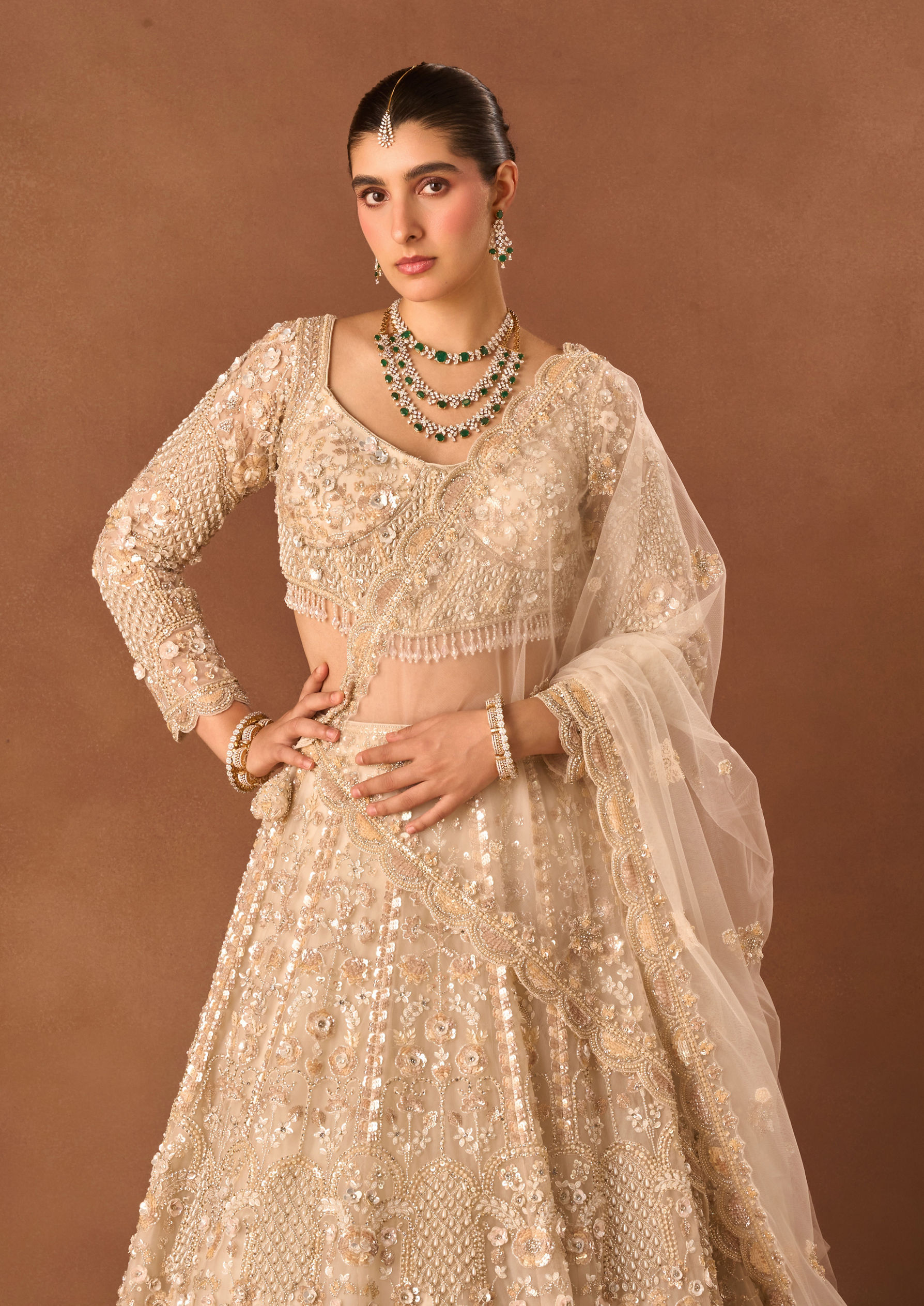 Twamev Women Cream Net Lehenga with Embroidery and Beads
