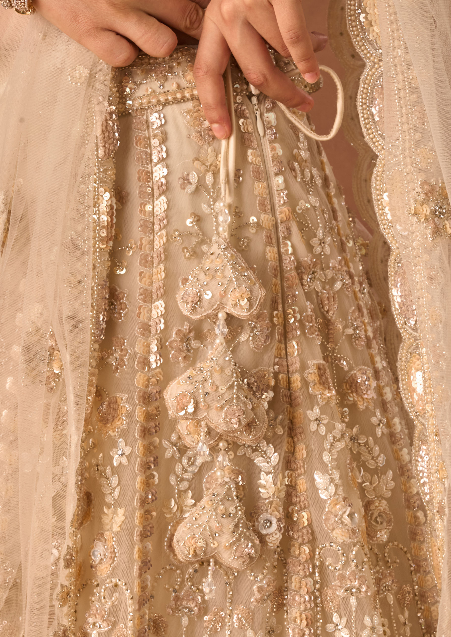 Twamev Women Cream Net Lehenga with Embroidery and Beads