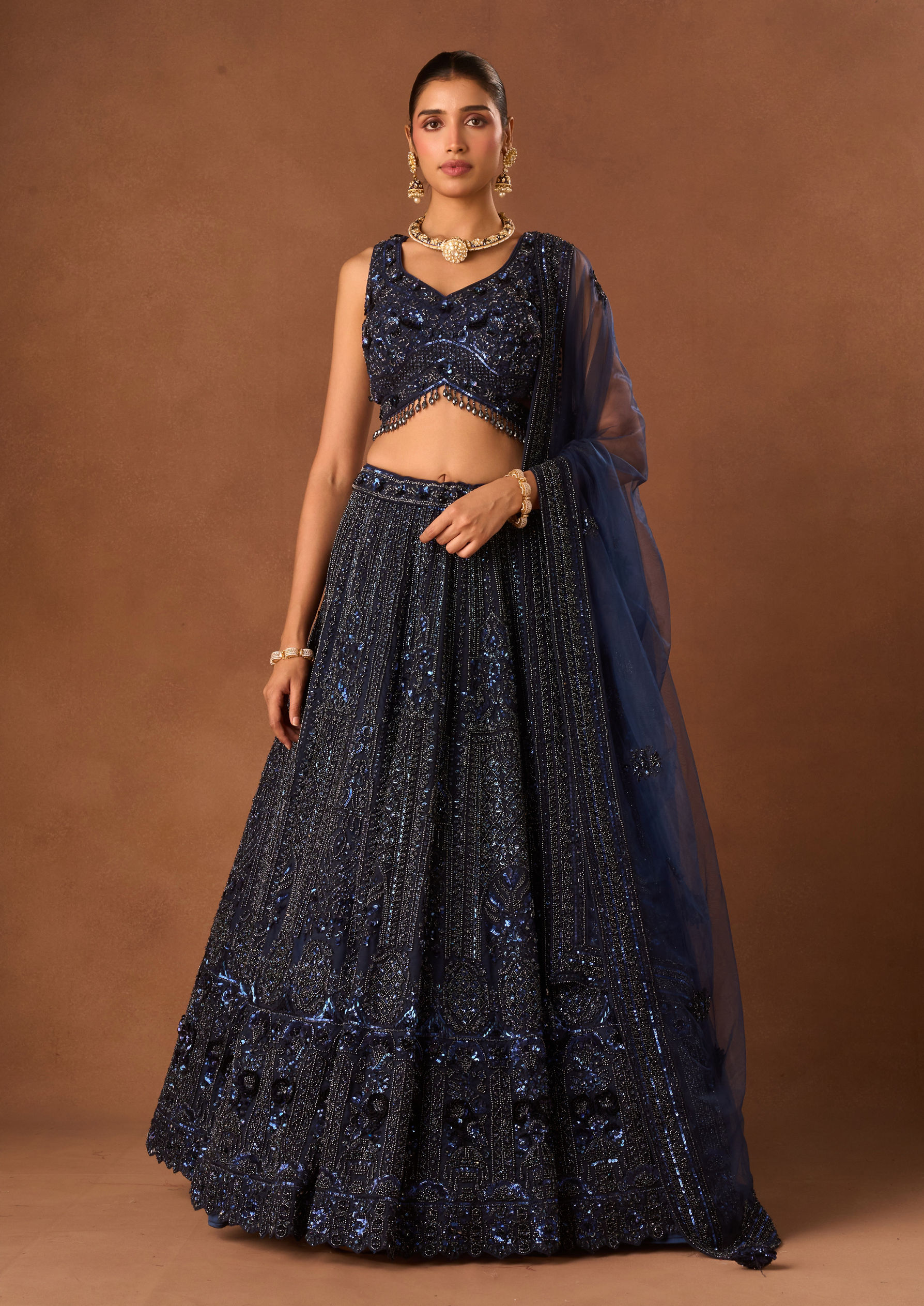 Twamev Women Indigo Blue Net Lehenga with Embroidery