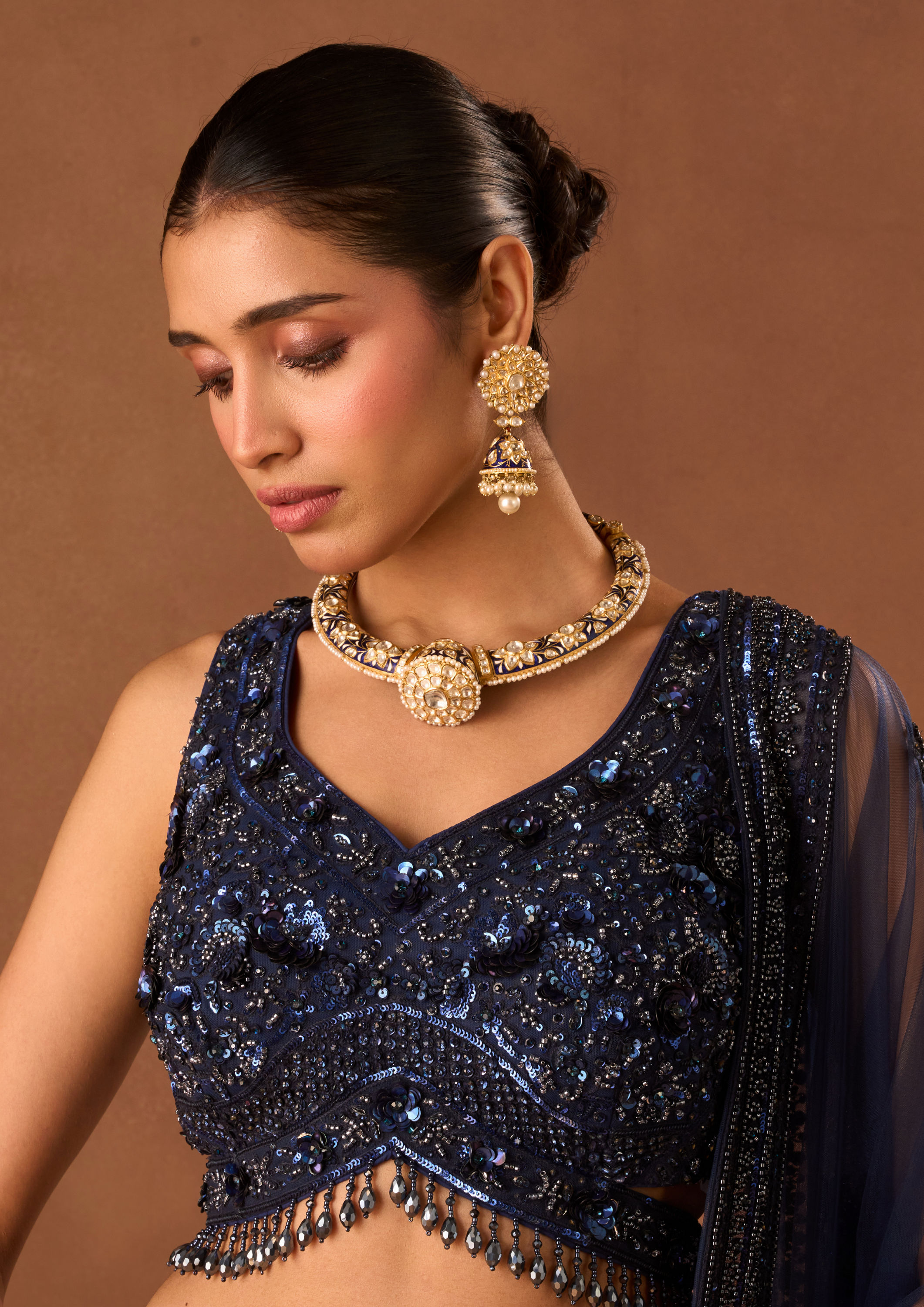 Twamev Women Indigo Blue Net Lehenga with Embroidery