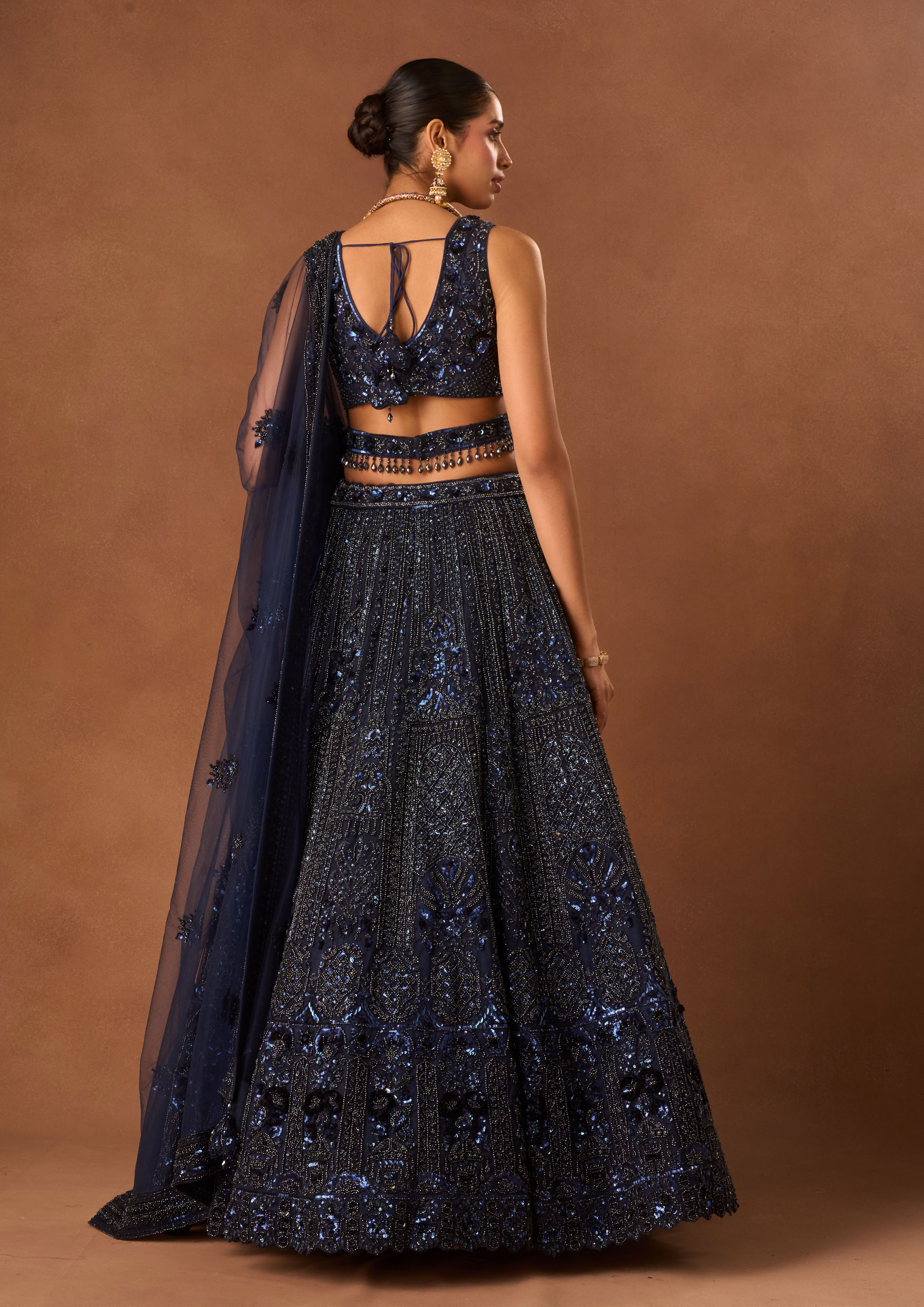Twamev Women Indigo Blue Net Lehenga with Embroidery