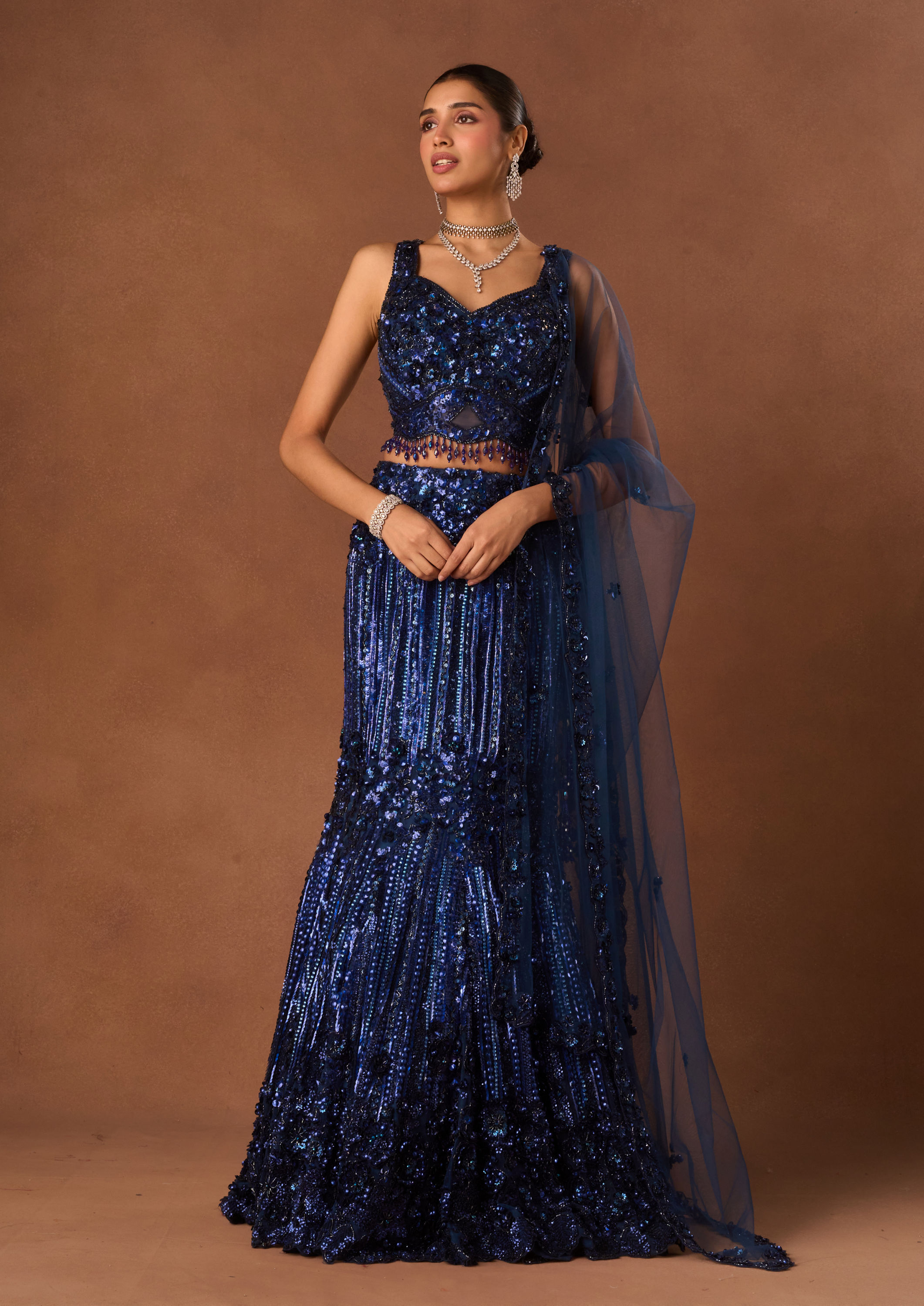 Twamev Women Indigo Blue Net Lehenga with Embroidery
