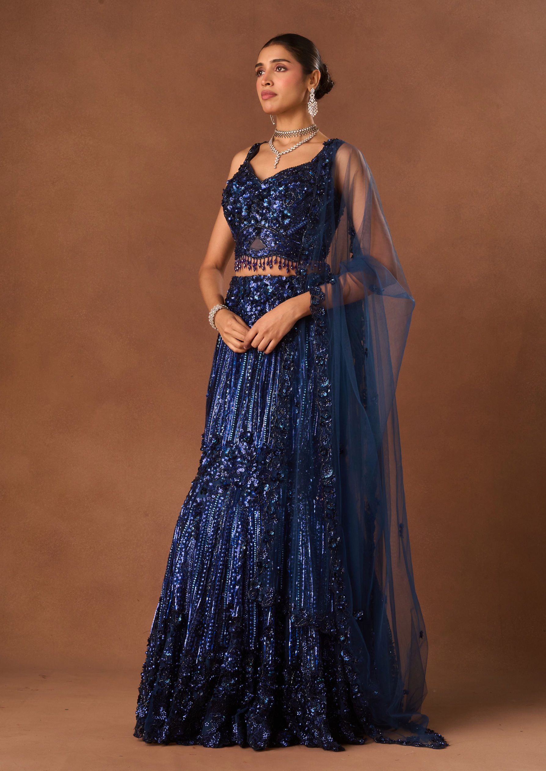 Twamev Women Indigo Blue Net Lehenga with Embroidery