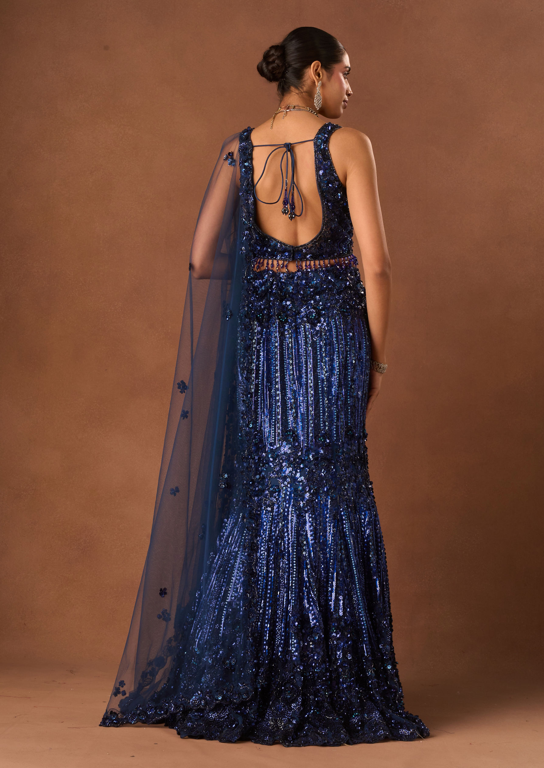Twamev Women Indigo Blue Net Lehenga with Embroidery