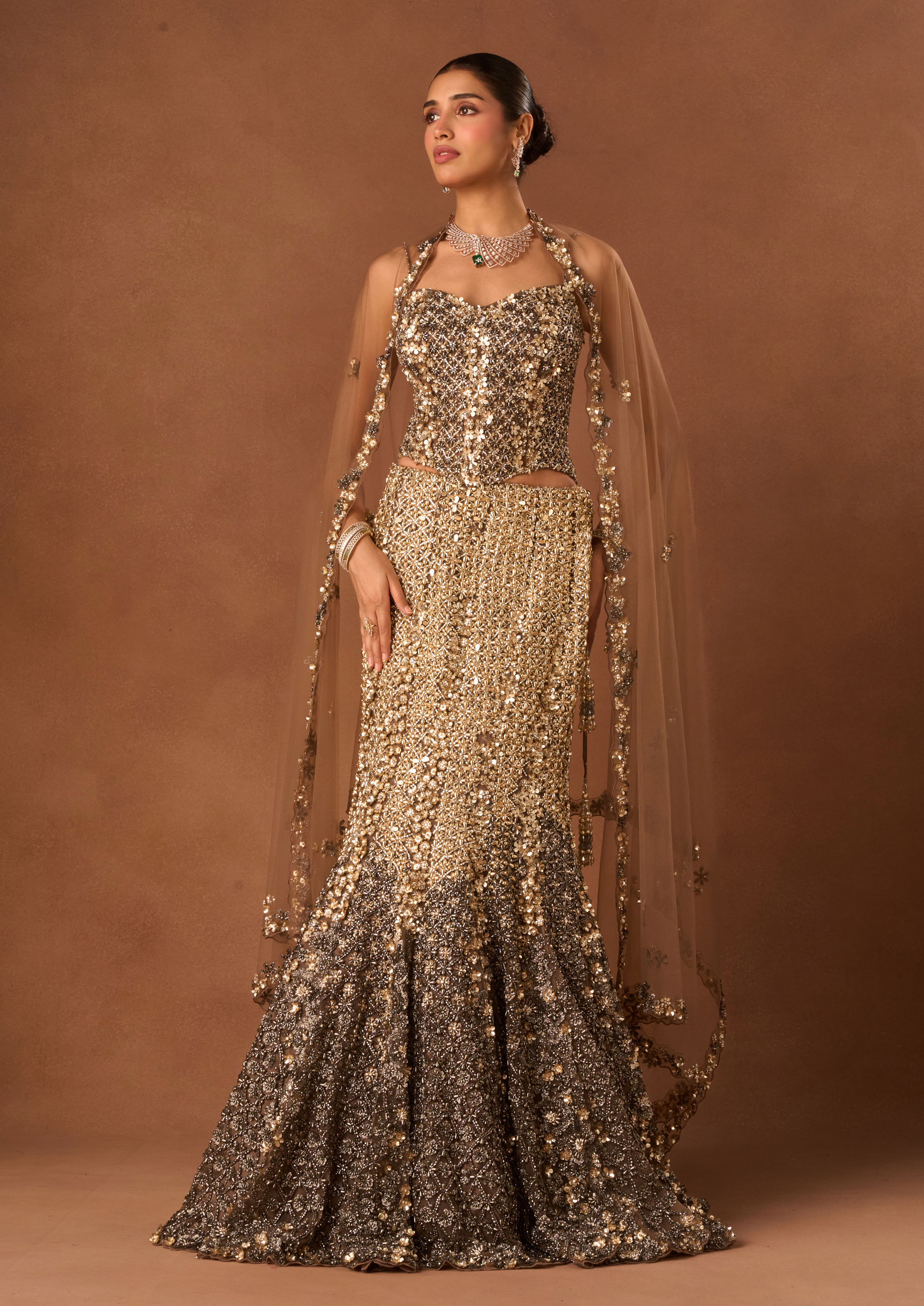 Twamev Women Grey Net Lehenga with Corset and Dupatta