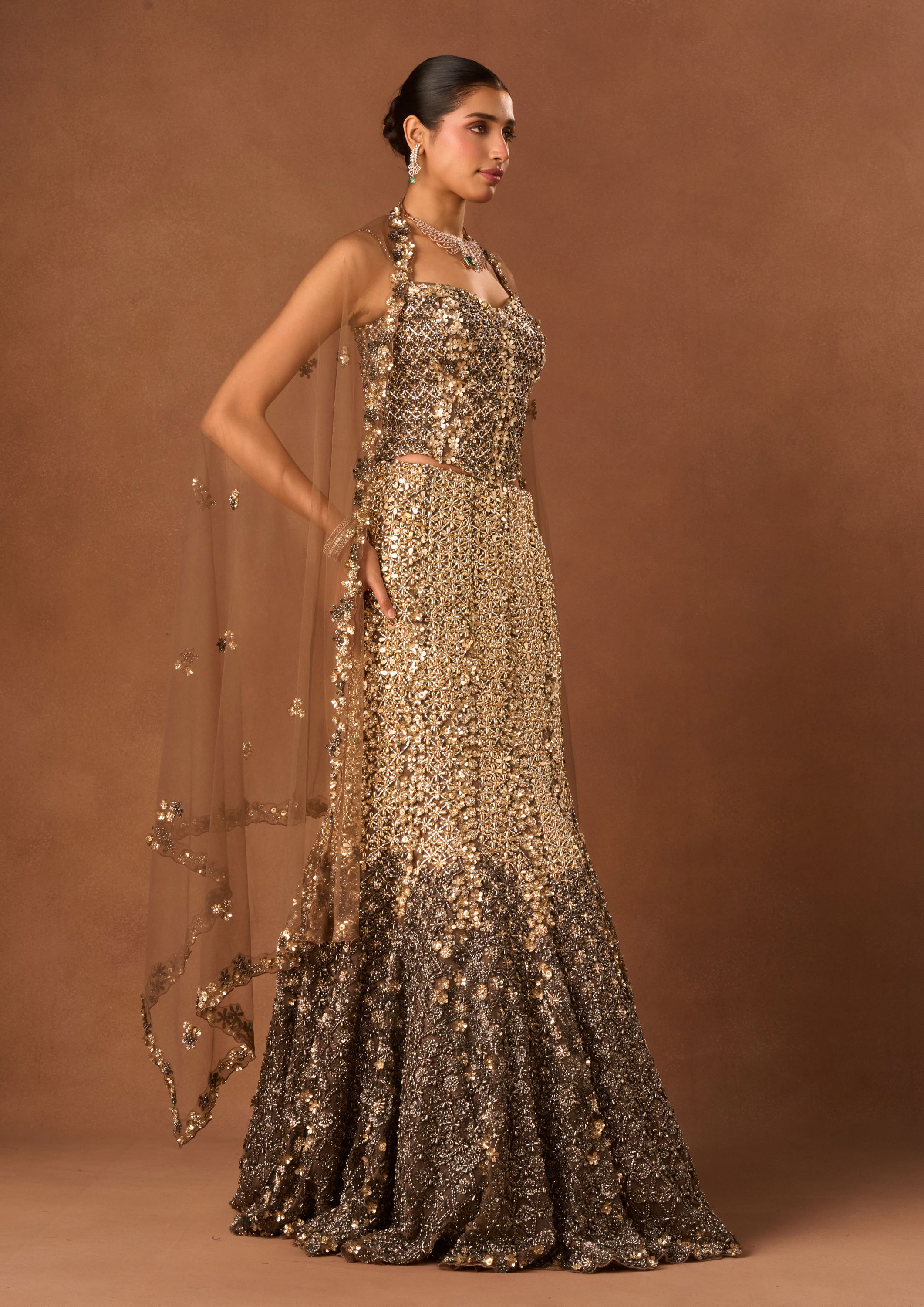Twamev Women Grey Net Lehenga with Corset and Dupatta