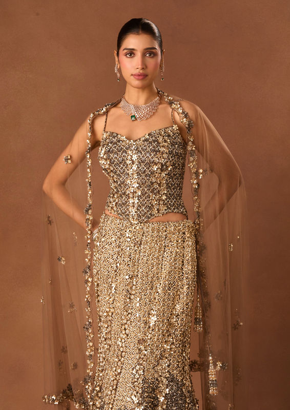 Twamev Women Grey Net Lehenga with Corset and Dupatta