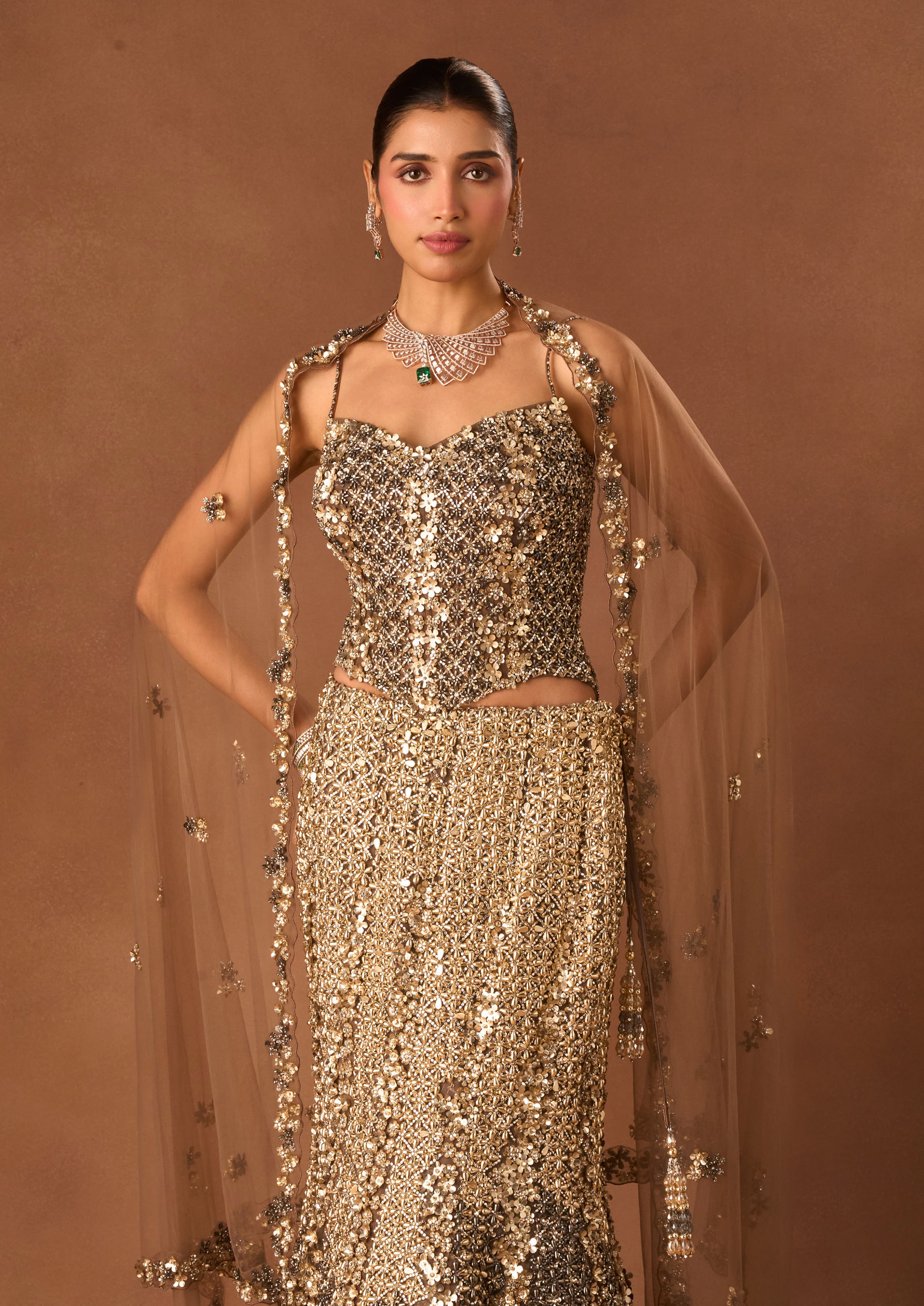 Twamev Women Grey Net Lehenga with Corset and Dupatta