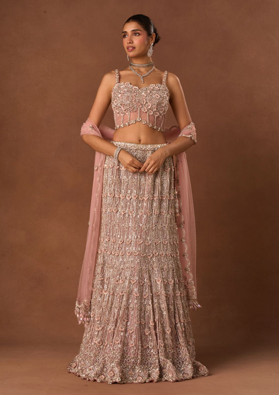 Twamev Women Pink Net Lehenga with Embroidery and Beads
