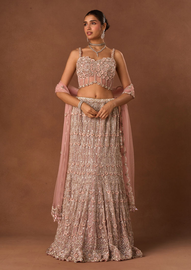Twamev Women Pink Net Lehenga with Embroidery and Beads