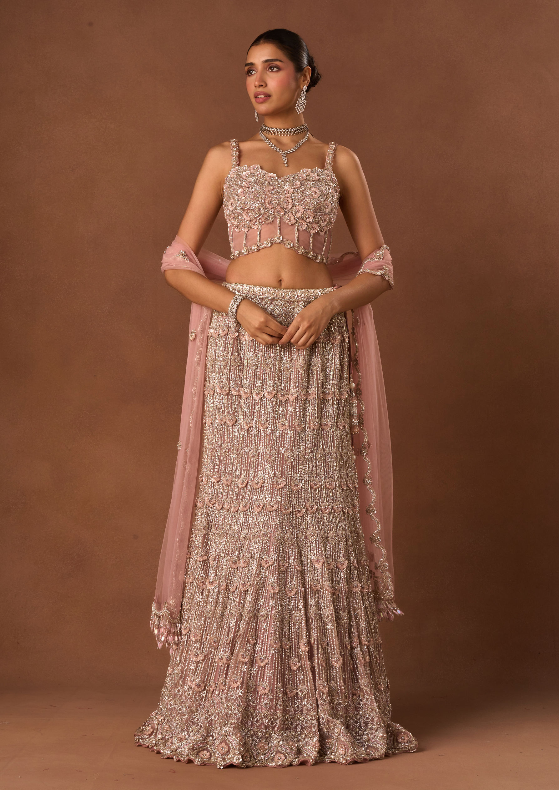 Twamev Women Pink Net Lehenga with Embroidery and Beads