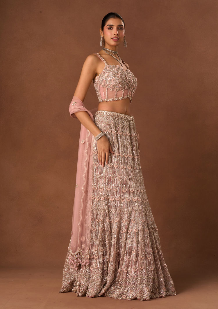 Twamev Women Pink Net Lehenga with Embroidery and Beads