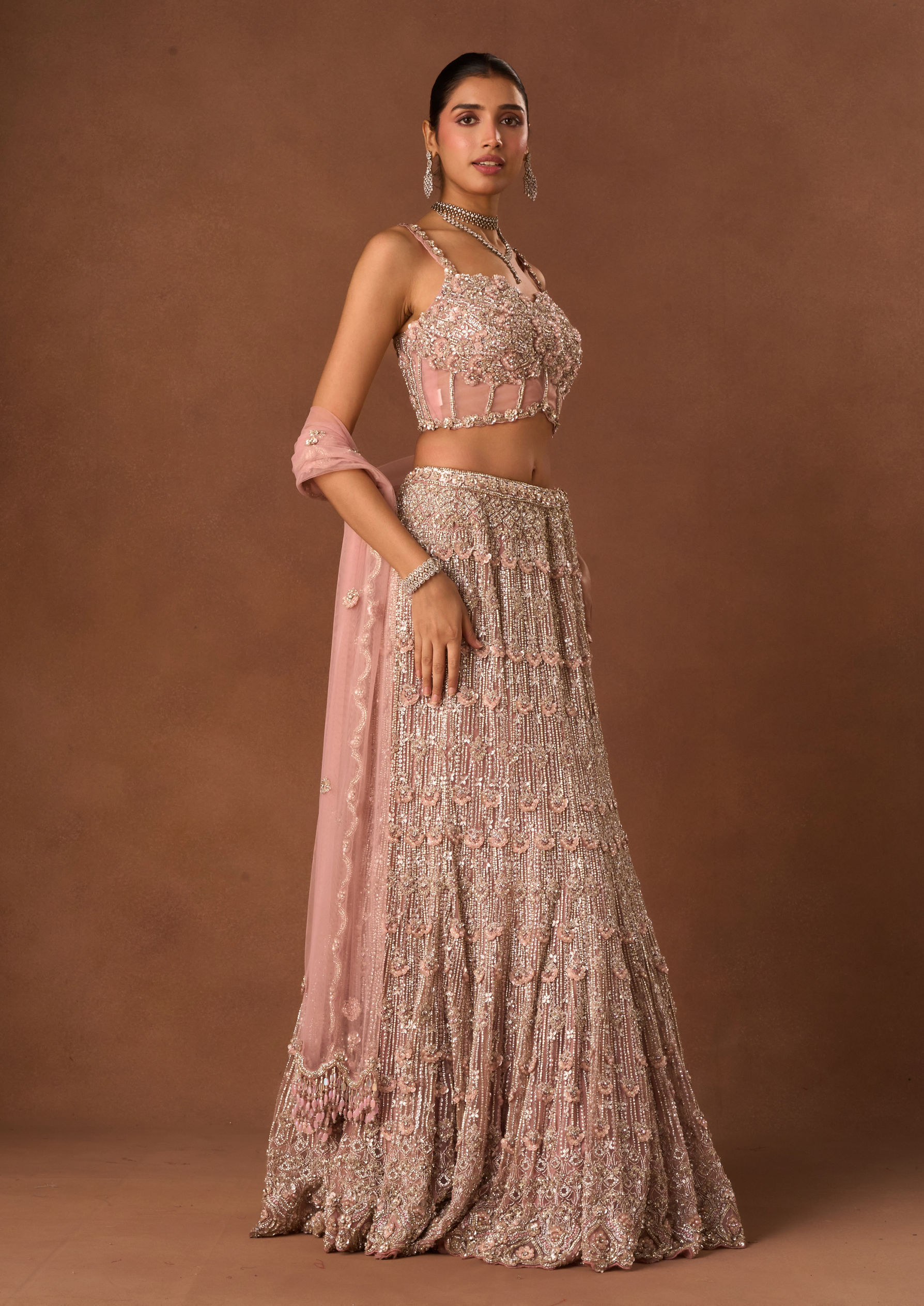 Twamev Women Pink Net Lehenga with Embroidery and Beads