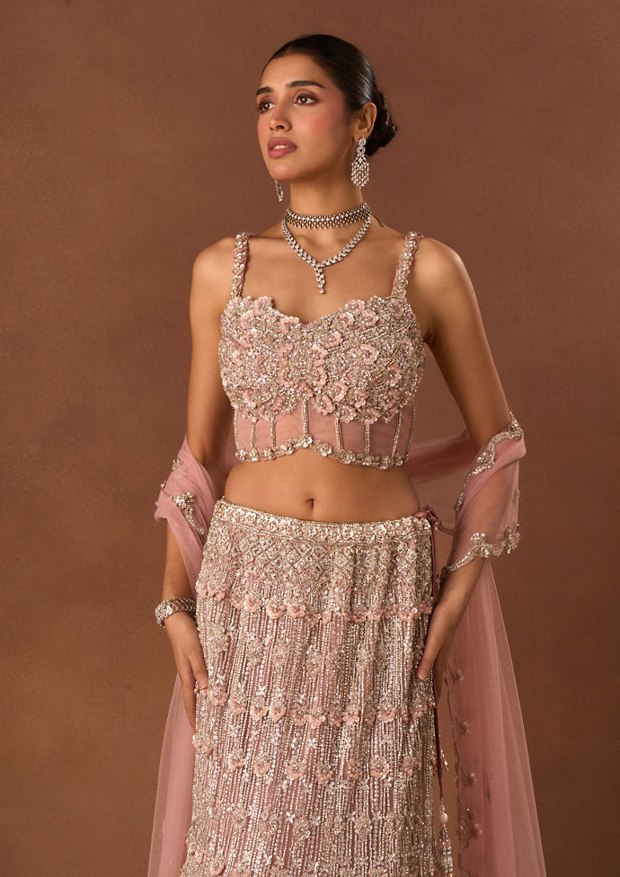Twamev Women Pink Net Lehenga with Embroidery and Beads