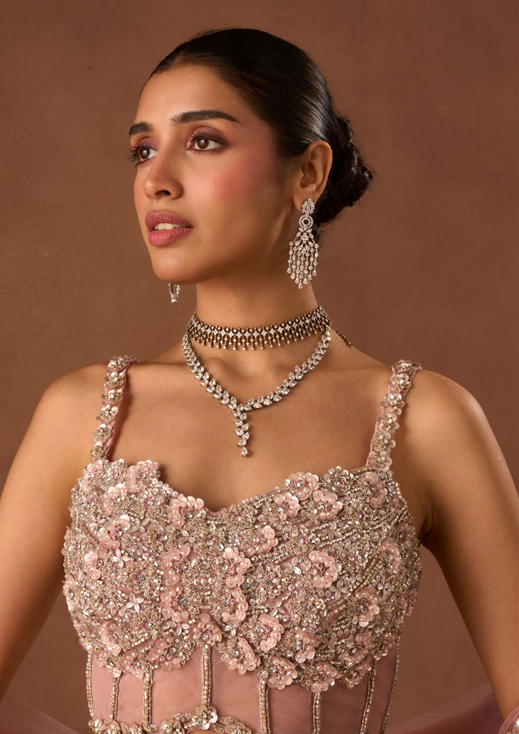 Twamev Women Pink Net Lehenga with Embroidery and Beads