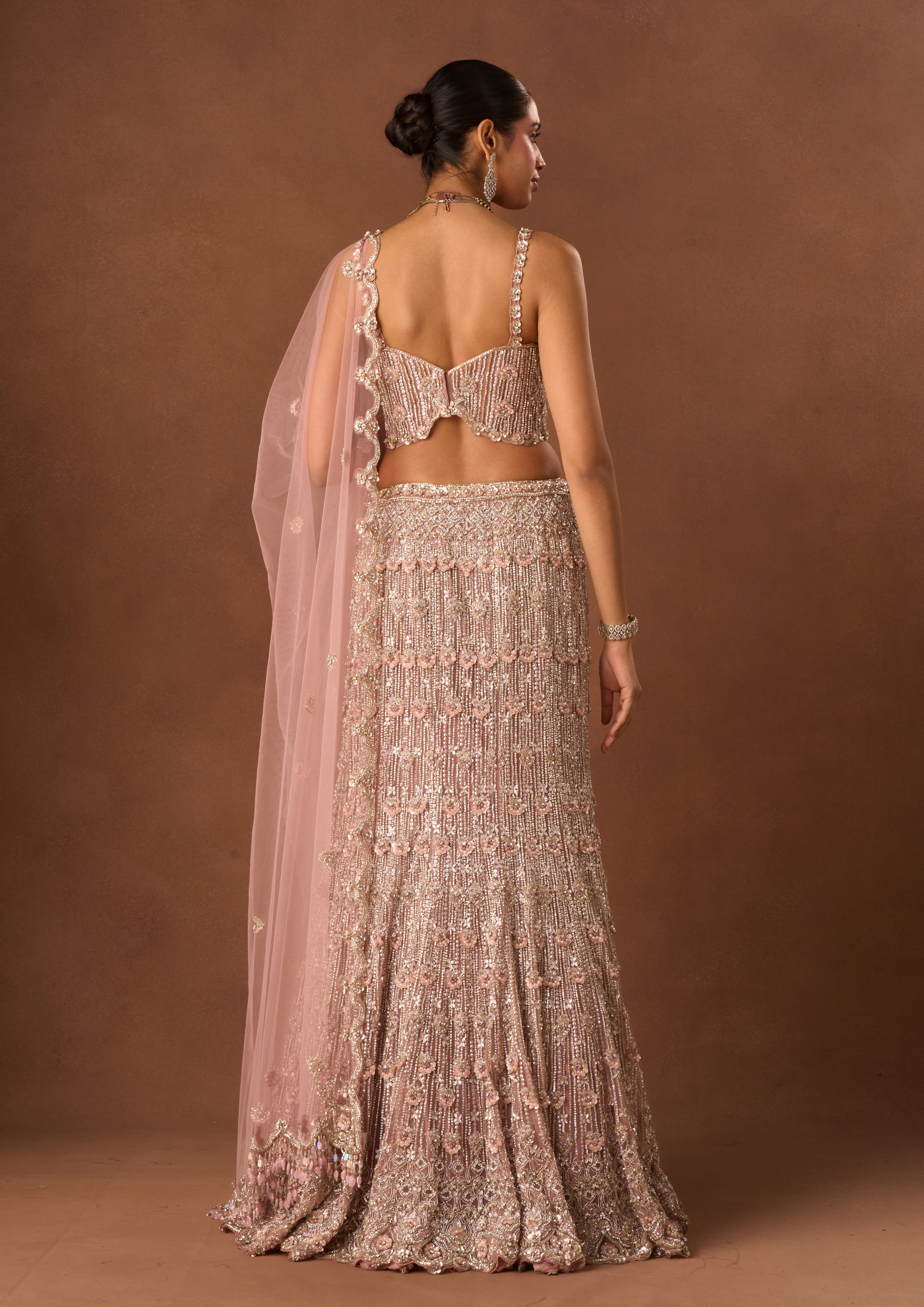 Twamev Women Pink Net Lehenga with Embroidery and Beads