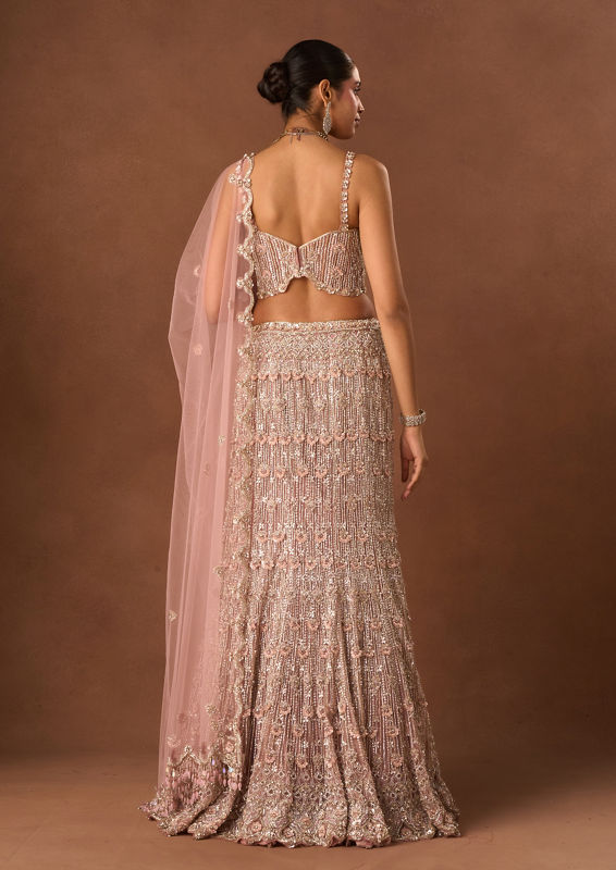 Twamev Women Pink Net Lehenga with Embroidery and Beads