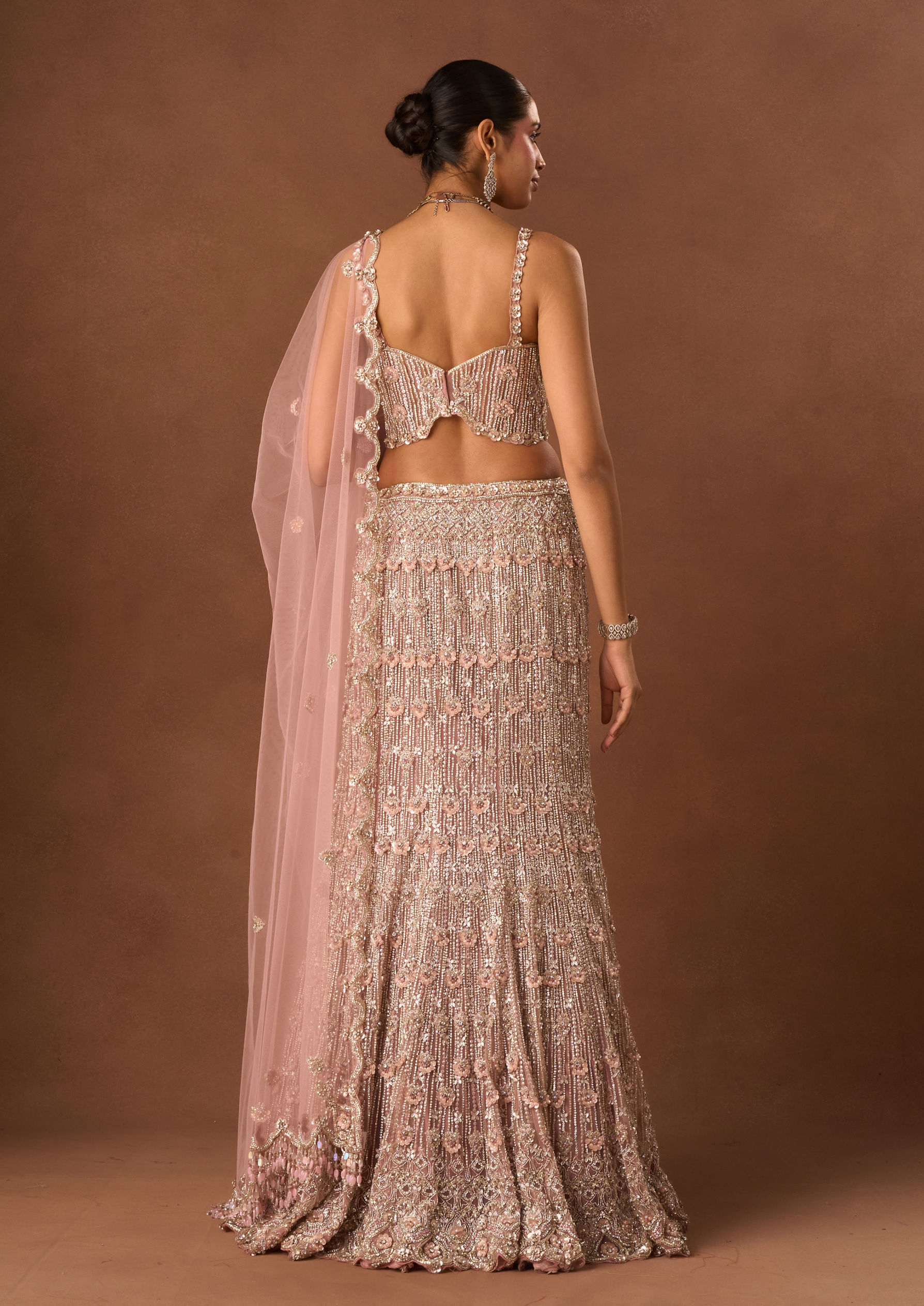 Twamev Women Pink Net Lehenga with Embroidery and Beads