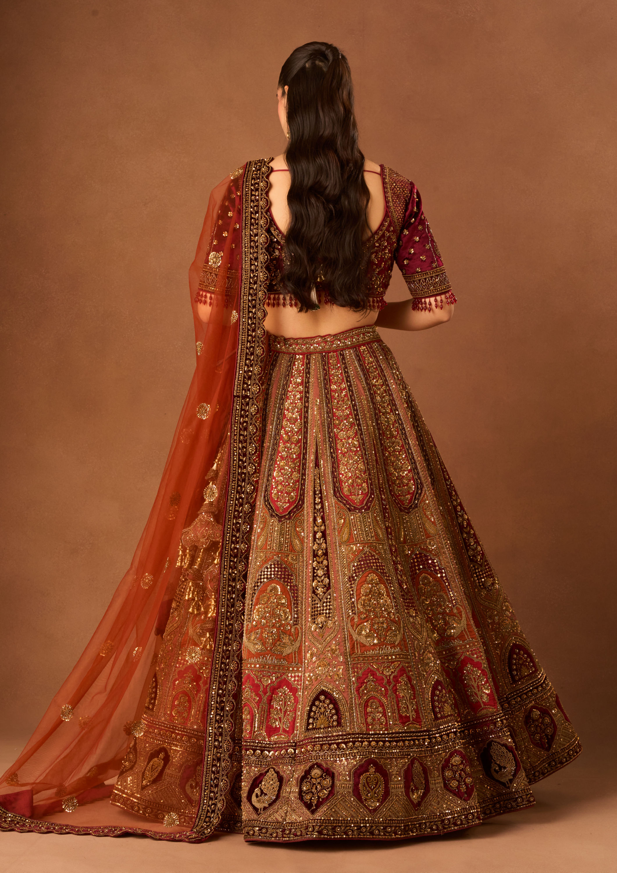 Twamev Women Rust Red Art Silk Lehenga with Embroidery