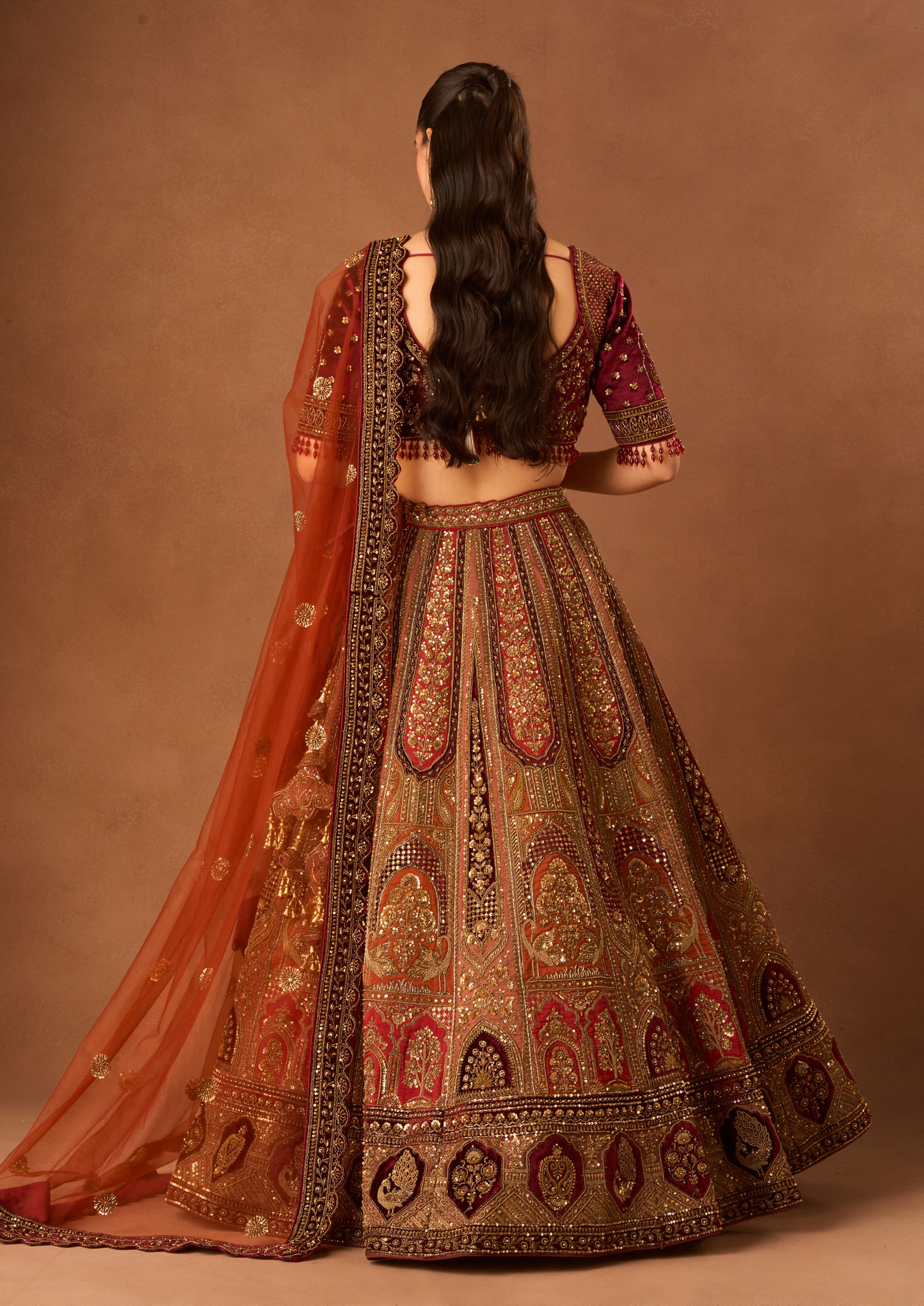 Twamev Women Rust Red Art Silk Lehenga with Embroidery