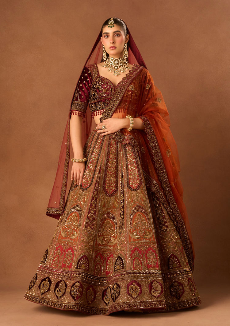 Twamev Women Rust Red Art Silk Lehenga with Embroidery