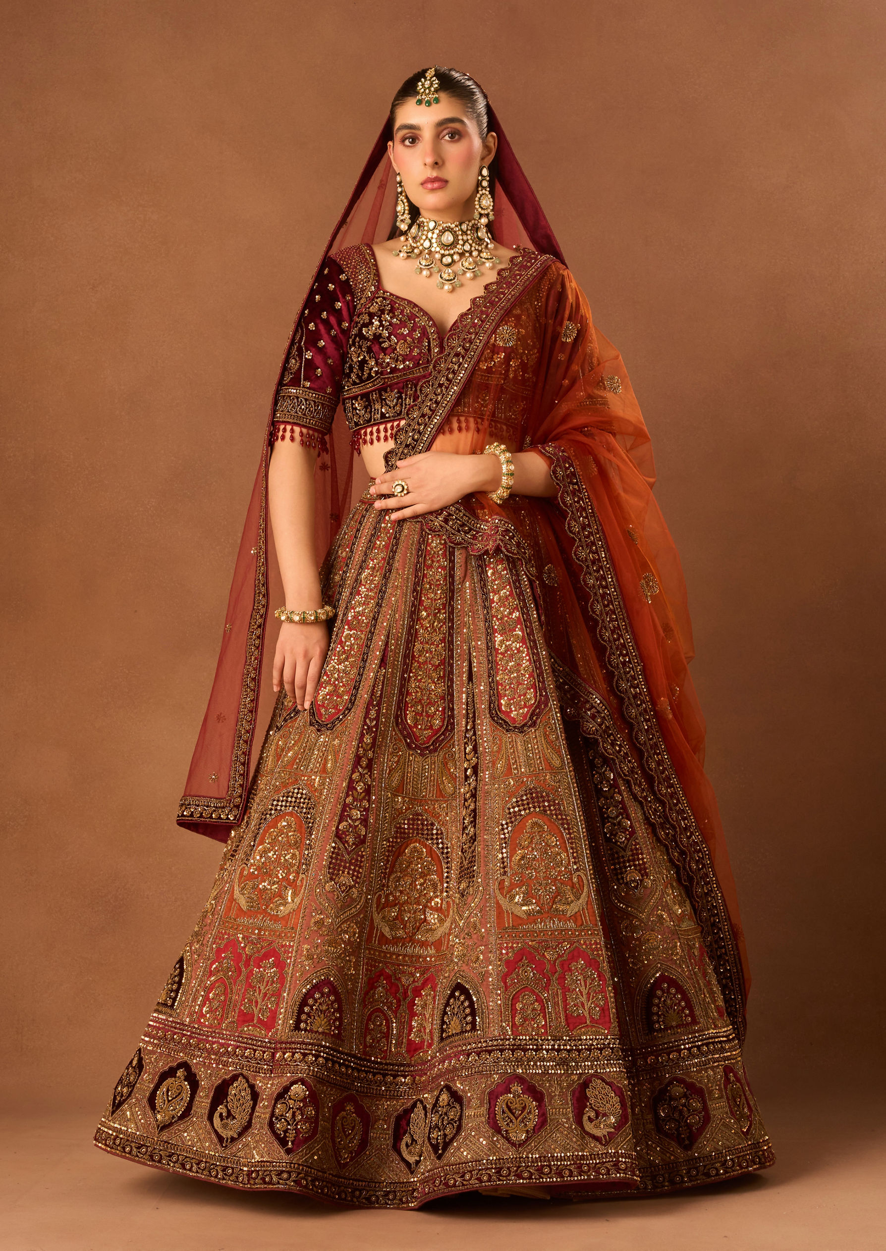 Twamev Women Rust Red Art Silk Lehenga with Embroidery