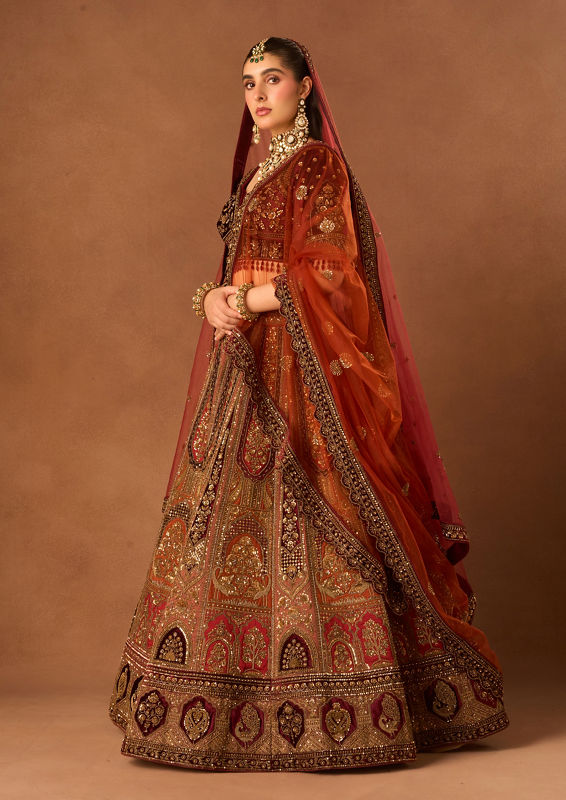Twamev Women Rust Red Art Silk Lehenga with Embroidery