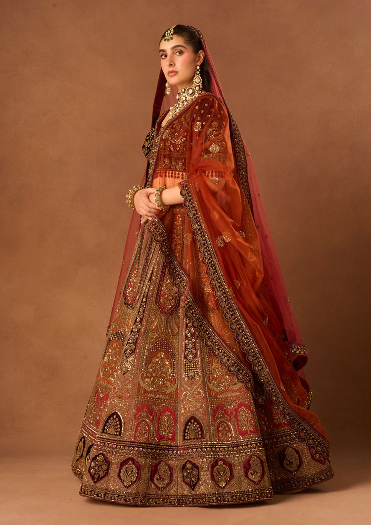 Twamev Women Rust Red Art Silk Lehenga with Embroidery