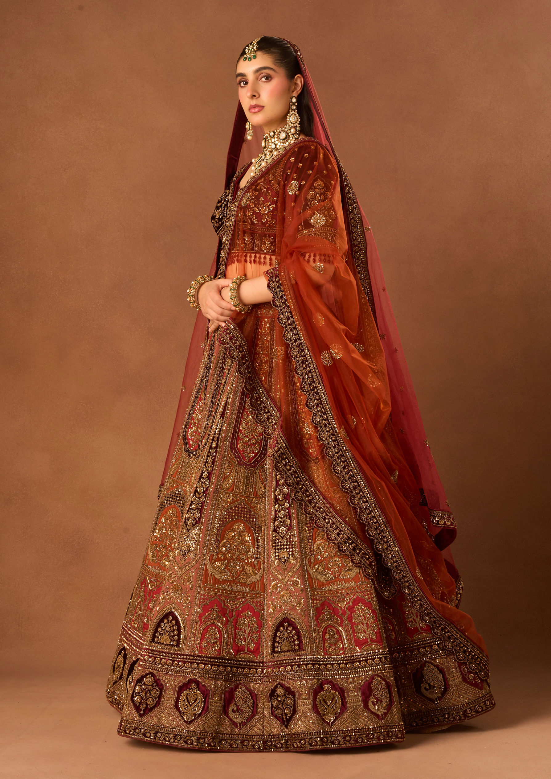 Twamev Women Rust Red Art Silk Lehenga with Embroidery