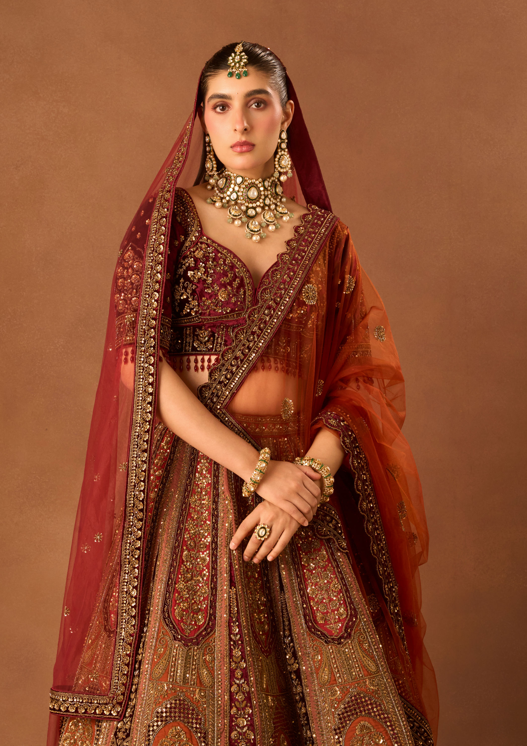 Twamev Women Rust Red Art Silk Lehenga with Embroidery
