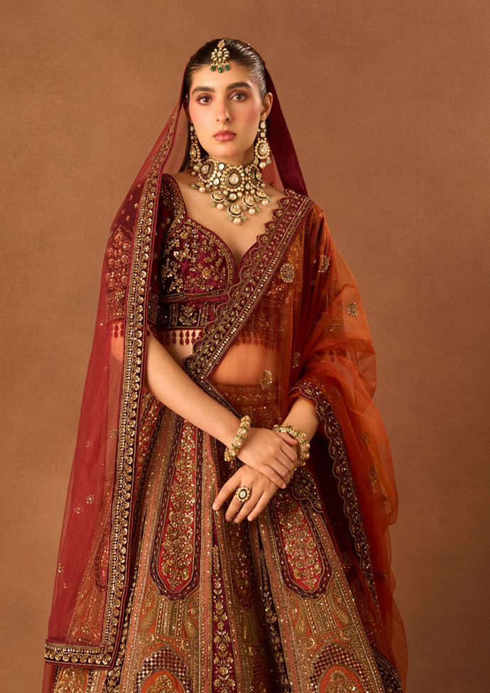 Twamev Women Rust Red Art Silk Lehenga with Embroidery