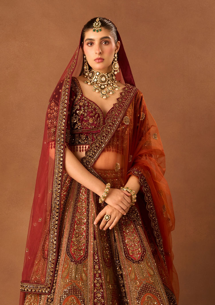 Twamev Women Rust Red Art Silk Lehenga with Embroidery