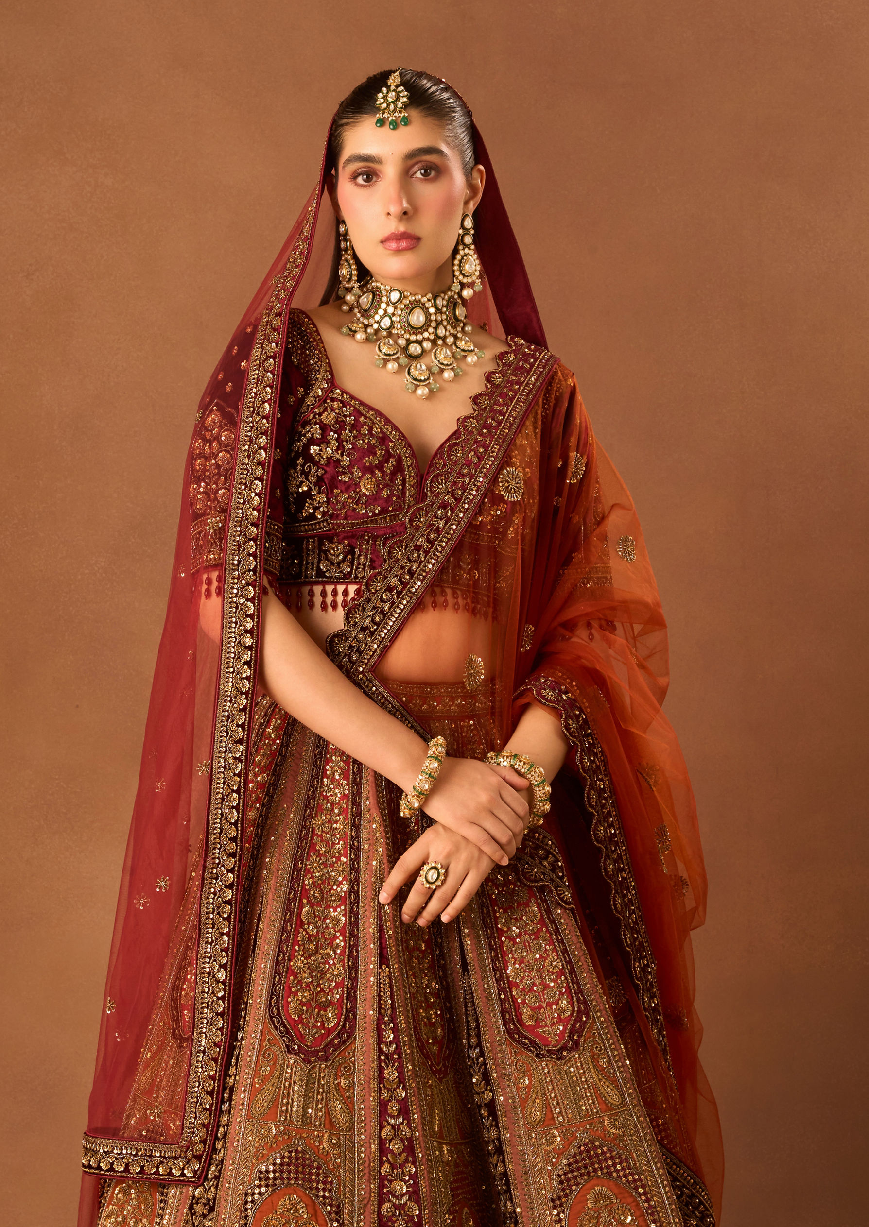 Twamev Women Rust Red Art Silk Lehenga with Embroidery