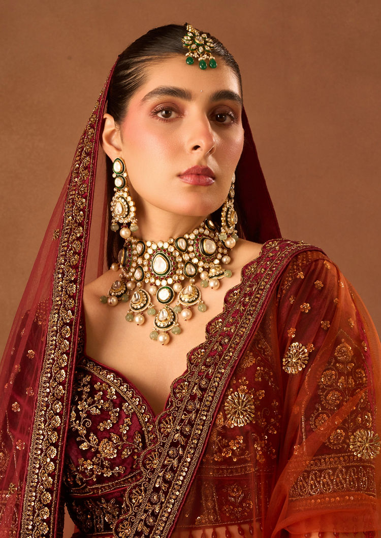Twamev Women Rust Red Art Silk Lehenga with Embroidery