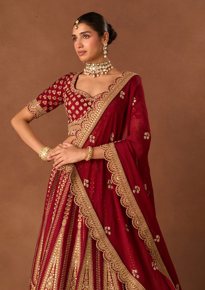 Twamev Women Maroon Art Silk Lehenga with Embroidery