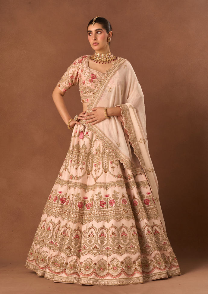 Twamev Women Light Pink Art Silk Lehenga with Embroidery