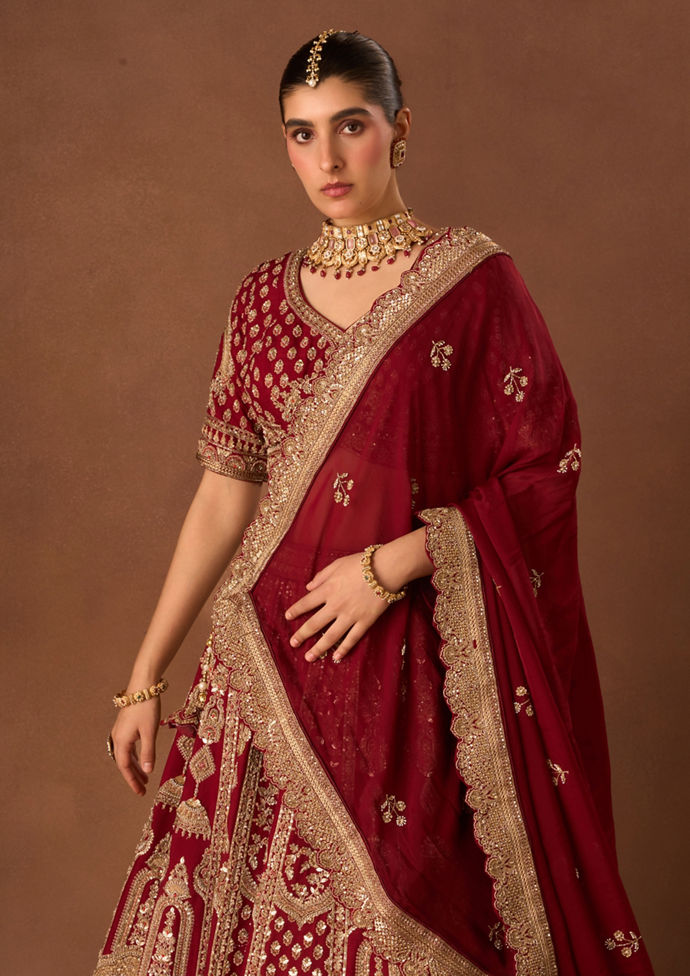 Twamev Women Maroon Art Silk Lehenga with Embroidery