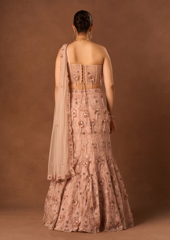 Twamev Women Pink Net Lehenga with Embroidery