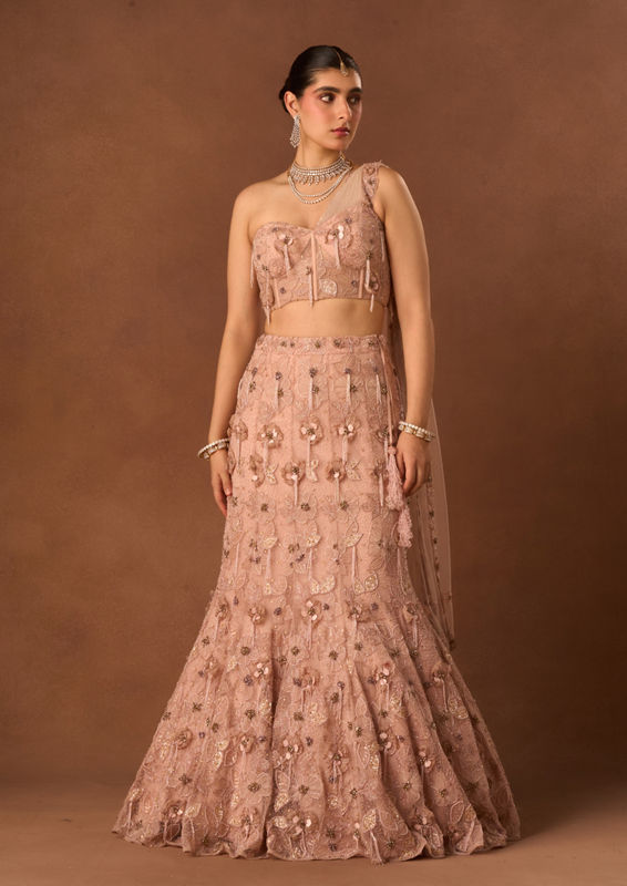 Twamev Women Pink Net Lehenga with Embroidery